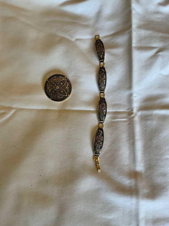 Jewelry - Ornate Gold-Tone Bracelet and Brooch Bundle